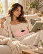 Femme sur un canapé avec un plaid et un livre, portant la ceinture Calya rose
