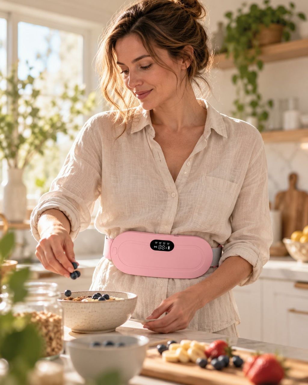 Femme en cuisine portant la ceinture Calya rose, libre de ses mouvements grâce au sans-fil