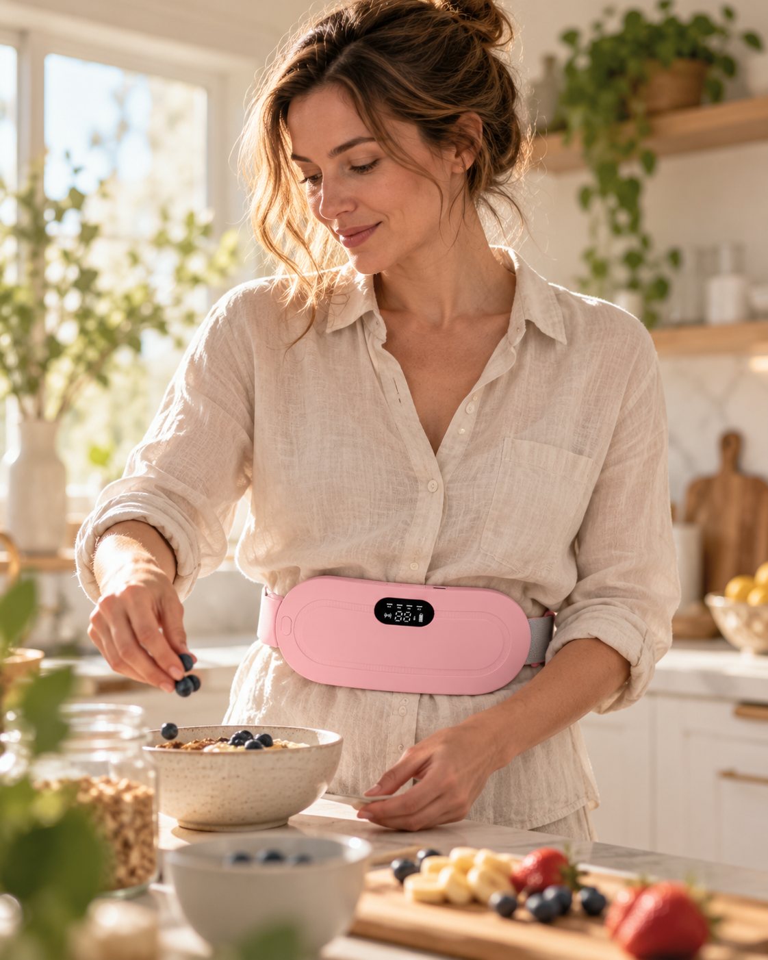 Femme en cuisine portant la ceinture Calya rose, libre de ses mouvements grâce au sans-fil