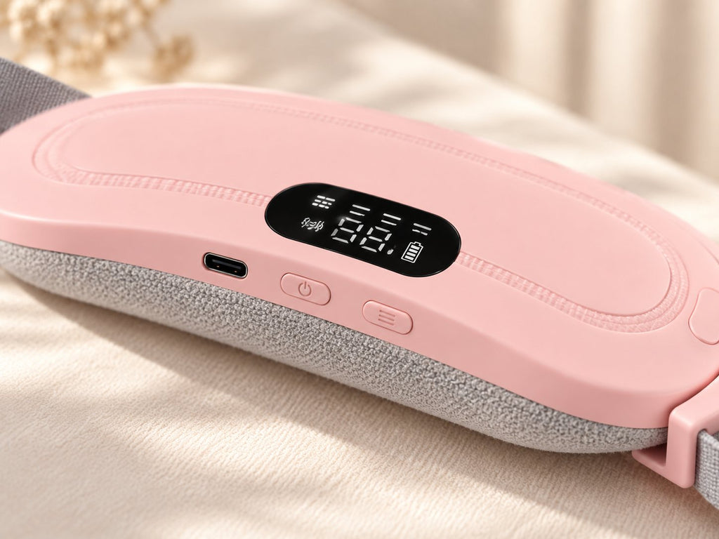 Gros plan sur l'afficheur, les boutons et le port USB-C de la ceinture Calya rose