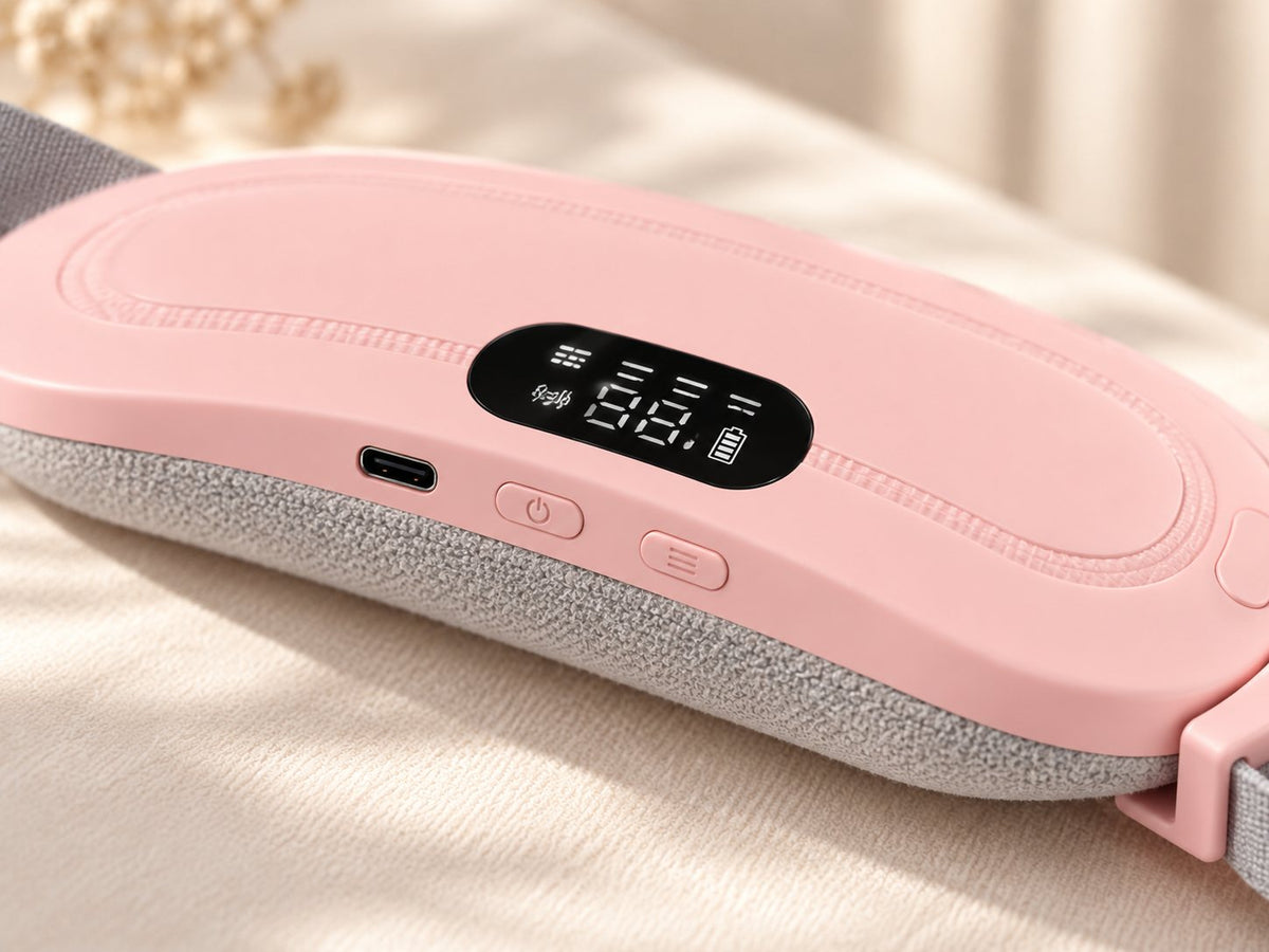 Gros plan sur l'afficheur, les boutons et le port USB-C de la ceinture Calya rose