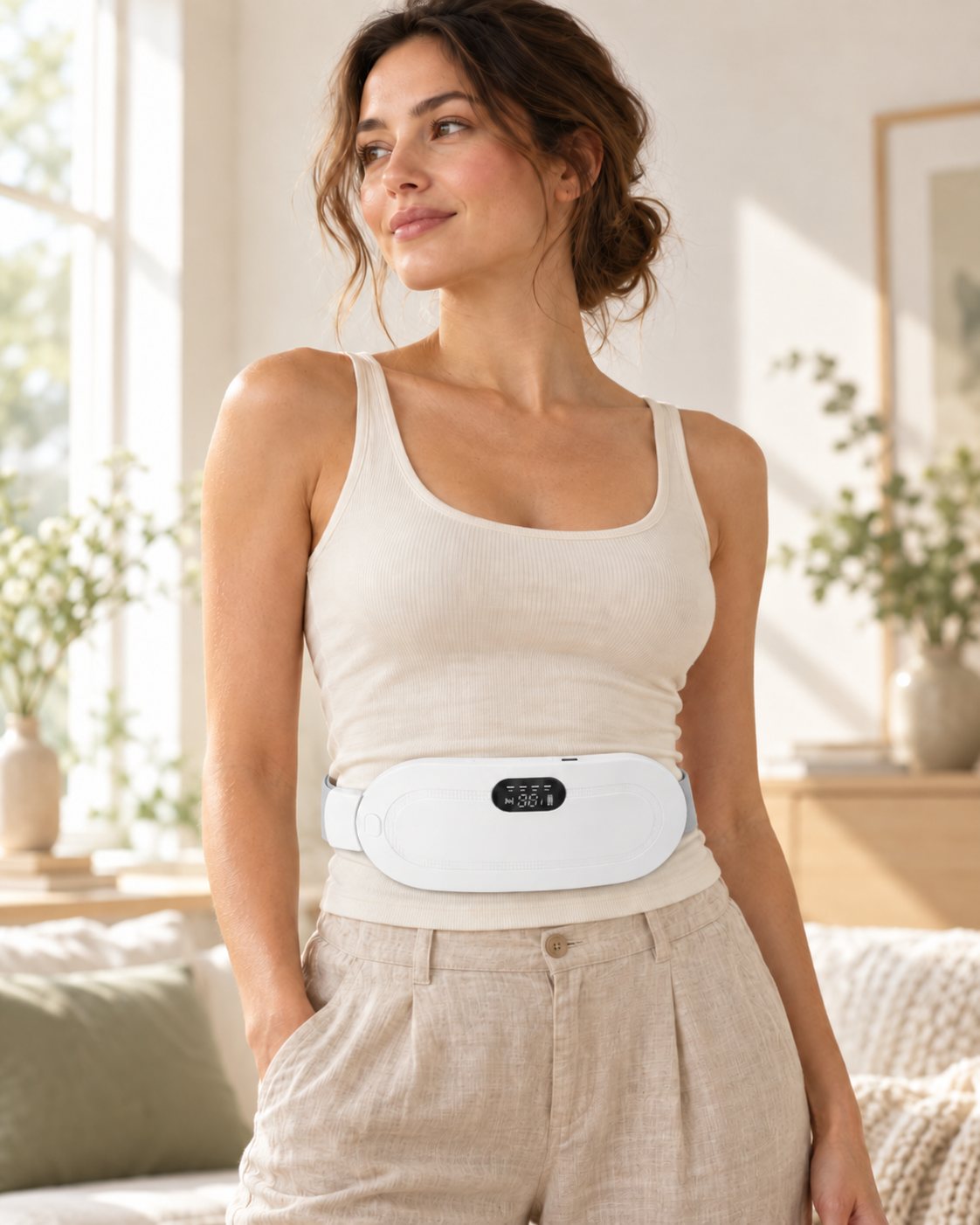 Femme portant la ceinture chauffante Calya blanche autour de la taille dans un salon lumineux