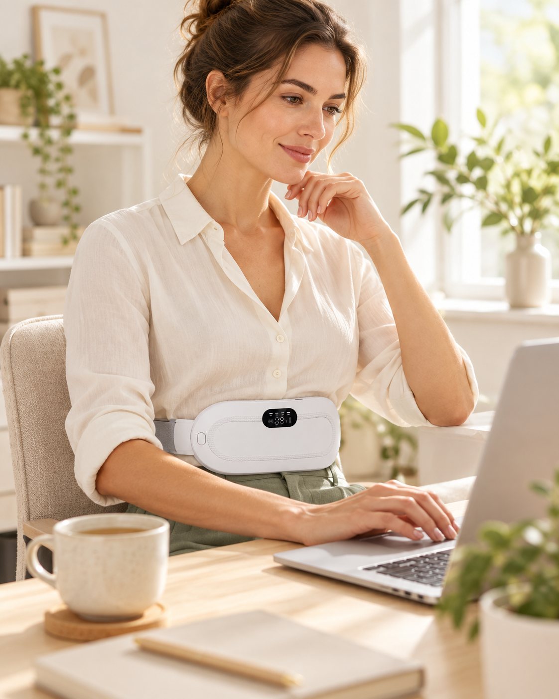 Femme à son bureau portant la ceinture Calya blanche