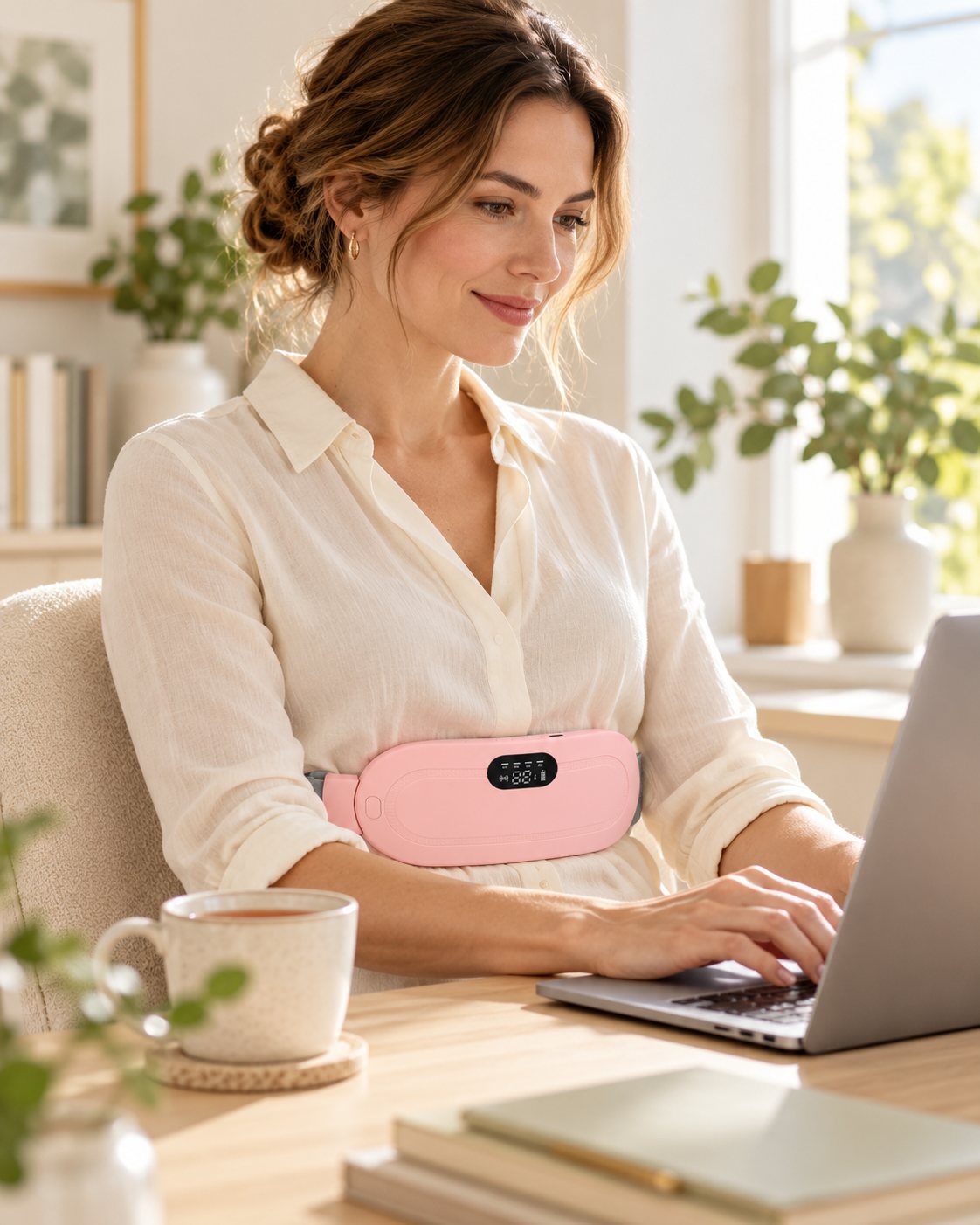Femme en télétravail à son bureau portant la ceinture Calya rose à la taille