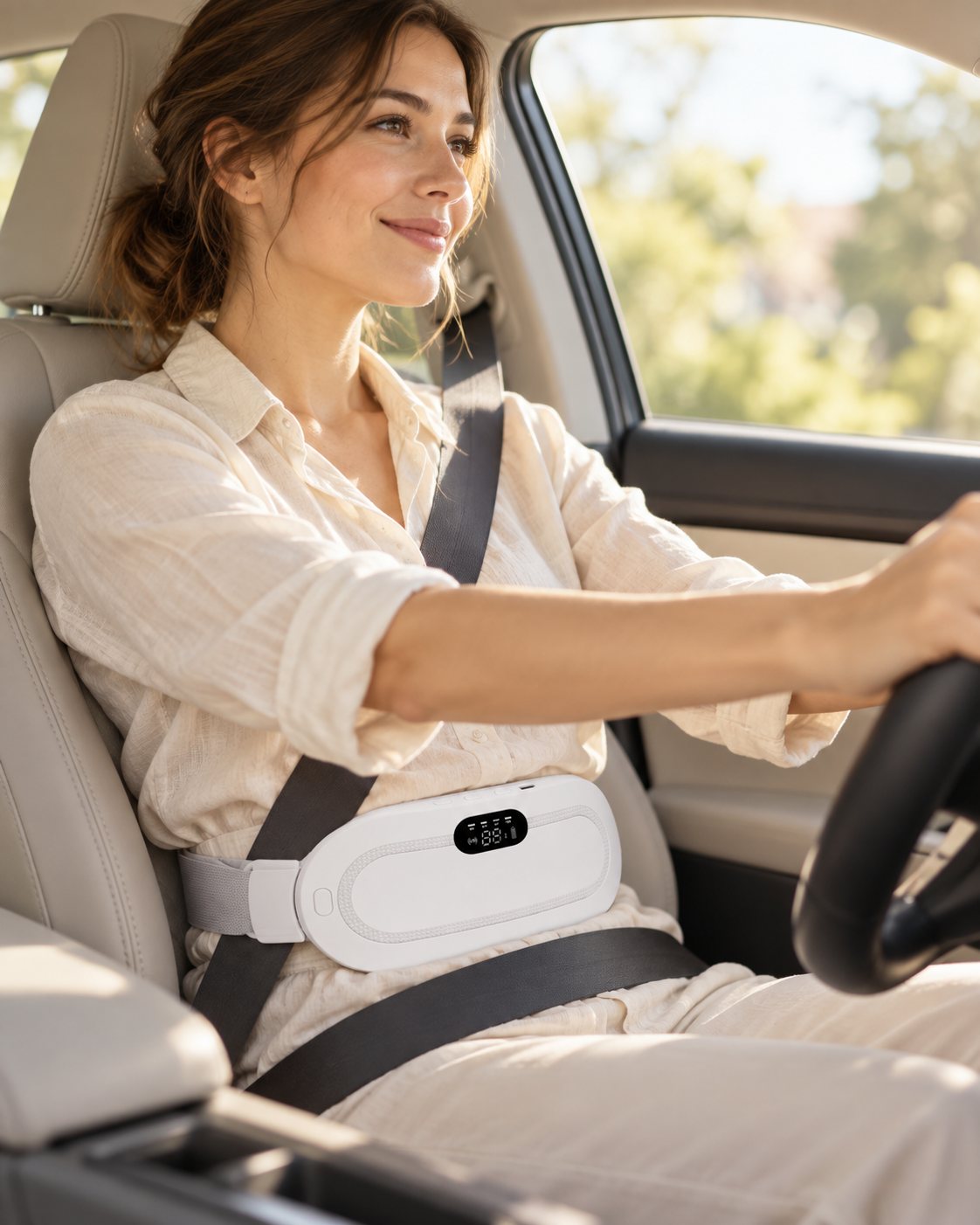 Femme au volant portant la ceinture Calya blanche, ceinture de sécurité attachée